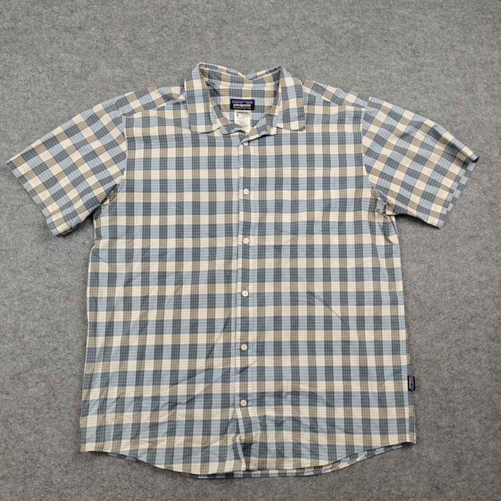Patagonia Shirt Mens Large Blue Plaid Organic Cotton Short Sleeve Button-Up